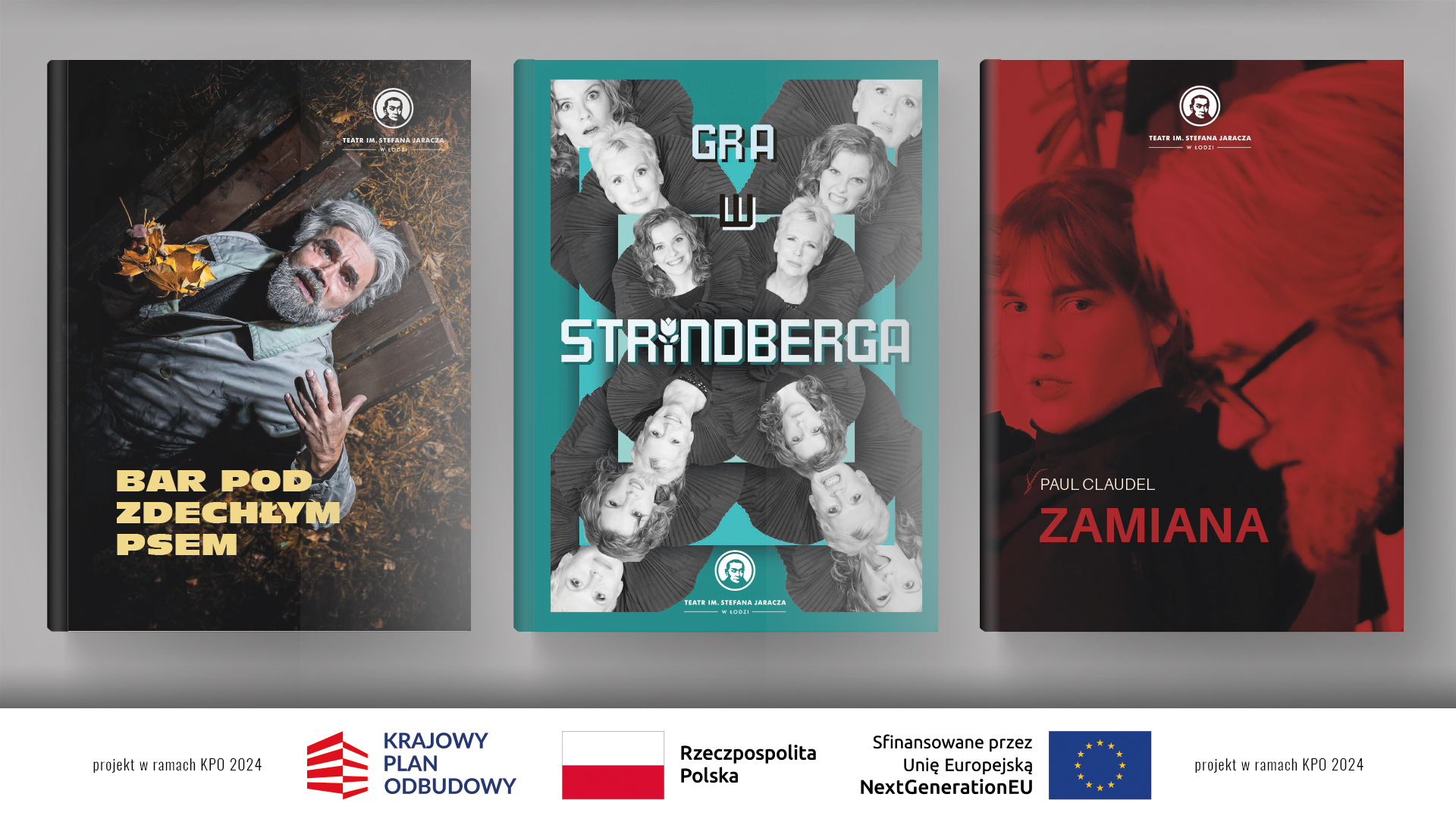 Okładki programów teatralnych do spektakli Bar Pod Zdechłym Psem, Gra w Strindberga oraz Zamiana