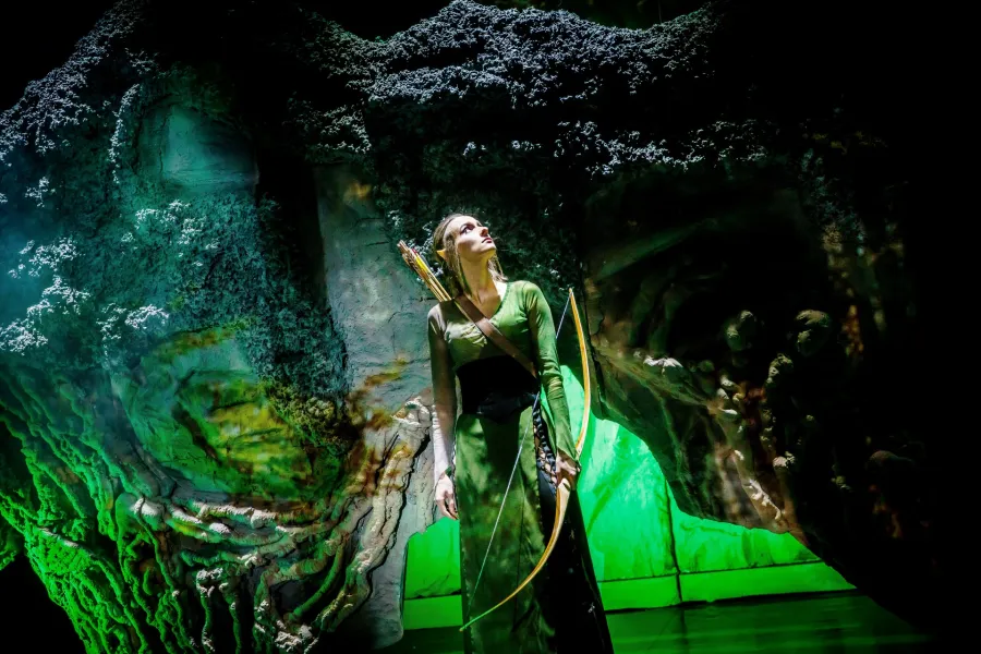 Elfka w zielonym stroju, z łukiem i kołczanem strzał, stoi na scenie teatralnej na tle dużej, mistycznej dekoracji skalnej oświetlonej na zielono. Spogląda w górę z wyrazem natchnienia lub zadumy, w otoczeniu nastrojowego światła i dymu.