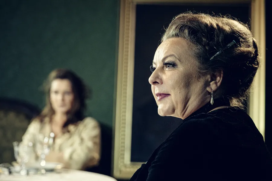 Na pierwszym planie widoczna jest z profilu kobieta w eleganckiej czarnej sukni, skierowana wzrokiem w lewą stronę. W tle, w delikatnym rozmyciu, siedzi przy stole druga kobieta w szlafroku.