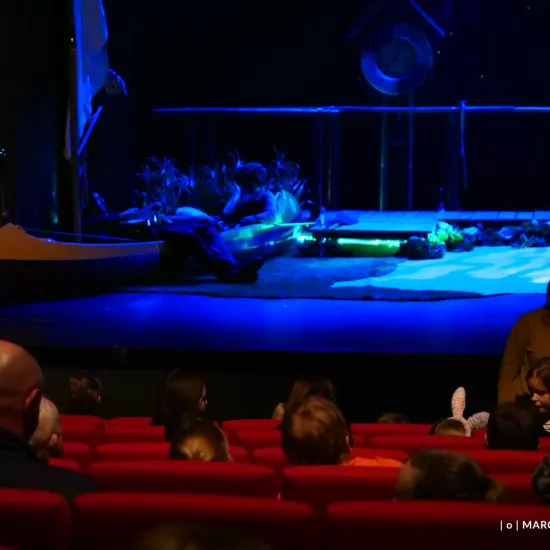 zdjęcie przedstawia scenę przed rozpoczęciem przedstawienia, publiczność gromadzi się na sali