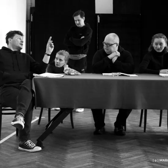 próba spektaklu „Świętoszek" w reżyserii Magdaleny Piekorz, na zdjęciu Marcin Włodarski, Sara Lityńska, Marek Nędza, Paweł Tucholski, Iwona Dróżdż, fot. Marcin Nowak