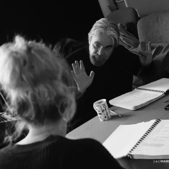 zdjęcie przedstawia próbę spektaklu „Świętoszek" w reżyserii Magdaleny Piekorz. Na zdjęciu tyłem do aparatu siedzi Iwona Karlicka, przed sobą ma egzeplarz sztuki. Przed nią siedzi Dariusz Bereski, z wyciągnętą prawą dłonią. Przed sobą również ma egzeplarz sztuki. 