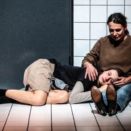 Zdjęcie ze spektaklu „Czas na wielki numer". Na fotografii widać aktorkę Natalię Klepacką, która leży na białych kafelkach i trzyma głowę na kolanach aktorki Moniki Badowskiej. Natalia Klepacka ubrana jest w krótkie beżowe, luźne spodnie i czarną koszulkę z długim, szarym rękawem. Na stopach ma czarne skarpetki.  Monika Badowska głaszcze Natalię Klepacką. Jest ubrana w niebieskie jeansy i brązowy sweter. Autorką zdjęcia jest Natalia Kabanow