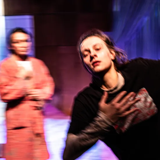 Zdjęcie ze spektakli „Czas na wielki numer". Na fotografii na pierwszym planie widać aktorkę Natalię Klepacką. Prawą ręką trzyma się za serce, lewą ma wyciągniętą w bok. Jest uchwycona w ruchu przypominającym taniec. W tle widać aktorkę Monikę Badowską, która stoi w kolorowym szlafroku, ma zamkniętą postawę, dłonie blisko ciała i obserwuje drugą aktorkę. Autorką zdjęcia jest Natalia Kabanow. 