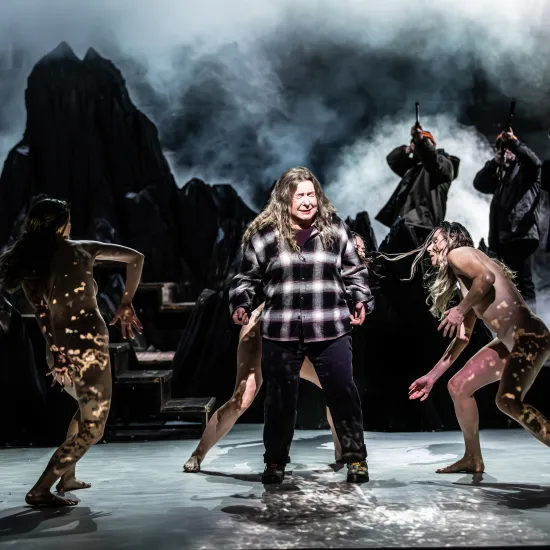 Zdjęcie ze spektaklu „Prowadź swój pług przez kości umarłych". Na scenie po środku stoi aktorka Milena Lisiecka, z grymasem płaczu na twarzy. Wokół niej tańczą trzy tancerki odgrywające role saren. Za nimi, wśród scenografii imitującej góry, stoi czwórka aktorów grających myśliwych, celującycyh w cel strzelbami. 