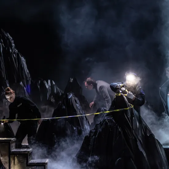 Zdjęcie ze spektaklu „Prowadź swój pług przez kości umarłych". Na zdjęciu widać 4 aktorów, którzy odgrywają scenę śledztwa. Dwie osoby w kostiumach policjantów świecą latarkami. Z tyłu stoi kobieta w jasnym kardiganie. Na scenie jest ciemno, jest bardzo dużo gęstego dymu. Autorką zdjęcia jest Natalia Kabanow